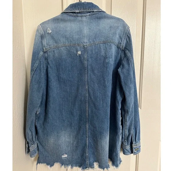 Free People‎ Moonchild Distressed Denim Shirt Jacket Indigo Blue Small - Picture 4 of 9